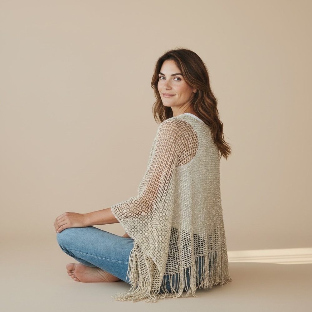 Women’s Fringe Sweater Cover Up in Cream - Picture 4 of 5